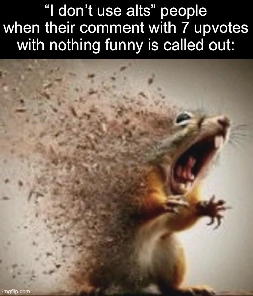 badass squirrel disintegrating | “I don’t use alts” people when their comment with 7 upvotes with nothing funny is called out: | image tagged in badass squirrel disintegrating | made w/ Imgflip meme maker