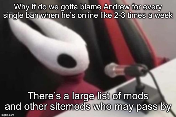 Why tf do we gotta blame Andrew for every single ban when he’s online like 2-3 times a week; There’s a large list of mods and other sitemods who may pass by | image tagged in msmg | made w/ Imgflip meme maker