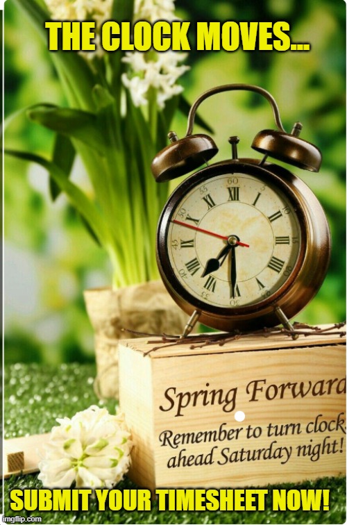 Spring Forward Timesheet Reminder | THE CLOCK MOVES... SUBMIT YOUR TIMESHEET NOW! | image tagged in spring forward timesheet reminder,meme,timesheet reminder,timesheet meme | made w/ Imgflip meme maker