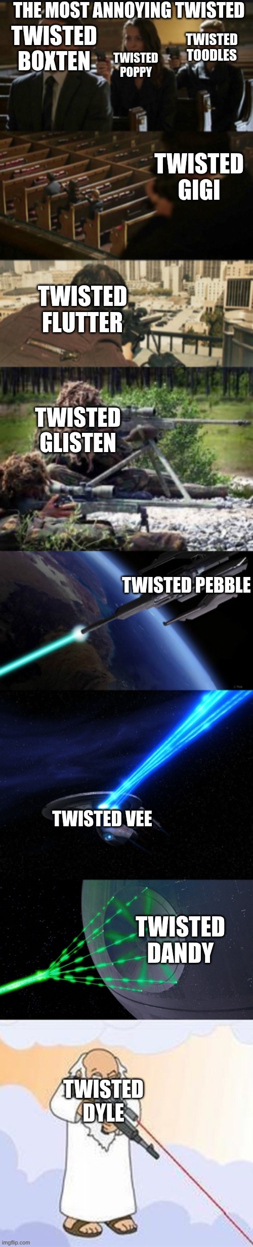 the annoying twisteds | THE MOST ANNOYING TWISTED; TWISTED TOODLES; TWISTED POPPY; TWISTED BOXTEN; TWISTED GIGI; TWISTED FLUTTER; TWISTED GLISTEN; TWISTED PEBBLE; TWISTED VEE; TWISTED DANDY; TWISTED DYLE | image tagged in assassination chain with too many assassins | made w/ Imgflip meme maker