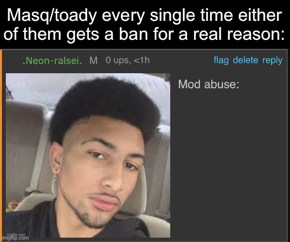 Mod abuse: | Masq/toady every single time either of them gets a ban for a real reason: | image tagged in mod abuse | made w/ Imgflip meme maker