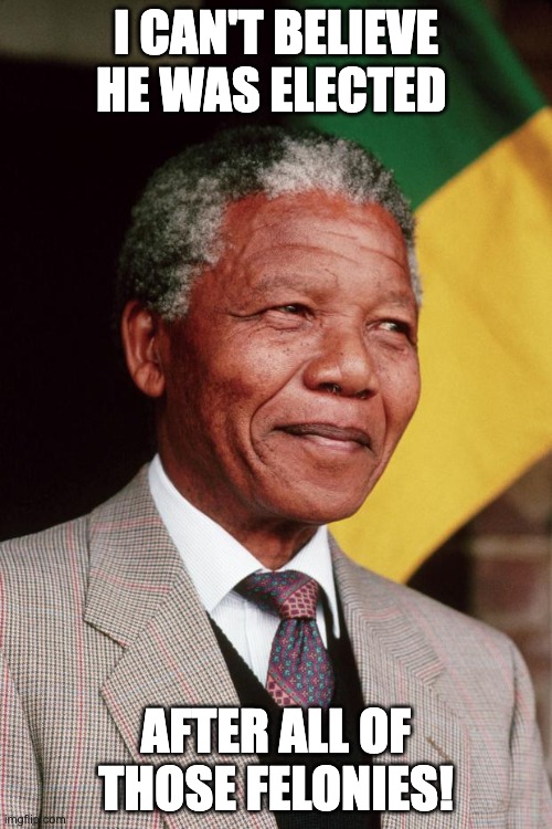 Nelson Mandela | I CAN'T BELIEVE HE WAS ELECTED; AFTER ALL OF THOSE FELONIES! | image tagged in nelson mandela | made w/ Imgflip meme maker
