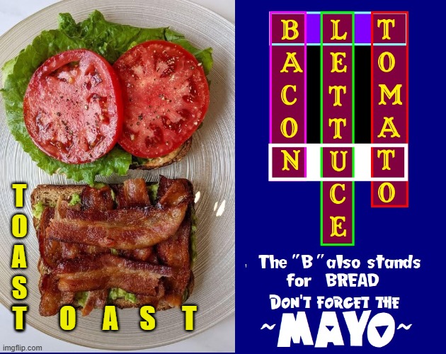 Everything you need to know about the B.L.T. | T
O
A
S
T; T      O     A    S     T | image tagged in vince vance,bacon,lettuce,tomato,memes,blt | made w/ Imgflip meme maker