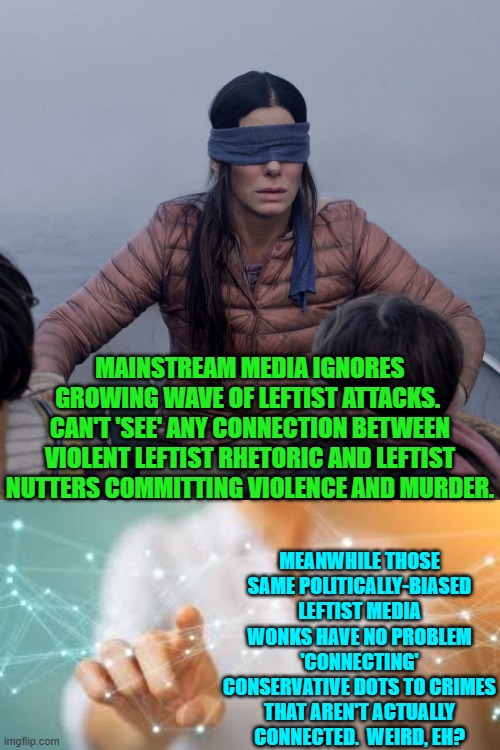 Yeah . . . I thought I noticed you noticing. | MAINSTREAM MEDIA IGNORES GROWING WAVE OF LEFTIST ATTACKS.  CAN'T 'SEE' ANY CONNECTION BETWEEN VIOLENT LEFTIST RHETORIC AND LEFTIST NUTTERS COMMITTING VIOLENCE AND MURDER. MEANWHILE THOSE SAME POLITICALLY-BIASED LEFTIST MEDIA WONKS HAVE NO PROBLEM 'CONNECTING' CONSERVATIVE DOTS TO CRIMES THAT AREN'T ACTUALLY CONNECTED.  WEIRD, EH? | image tagged in bird box | made w/ Imgflip meme maker
