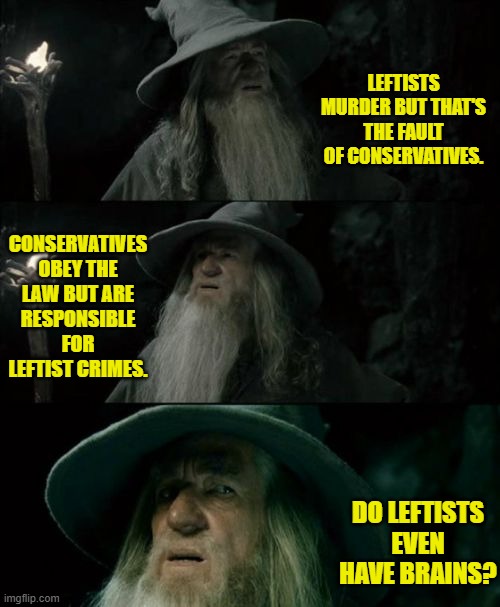 Let's examine leftist rationalizations for their own criminal elements and activities. | LEFTISTS MURDER BUT THAT'S THE FAULT OF CONSERVATIVES. CONSERVATIVES OBEY THE LAW BUT ARE RESPONSIBLE FOR LEFTIST CRIMES. DO LEFTISTS EVEN HAVE BRAINS? | image tagged in confused gandalf | made w/ Imgflip meme maker
