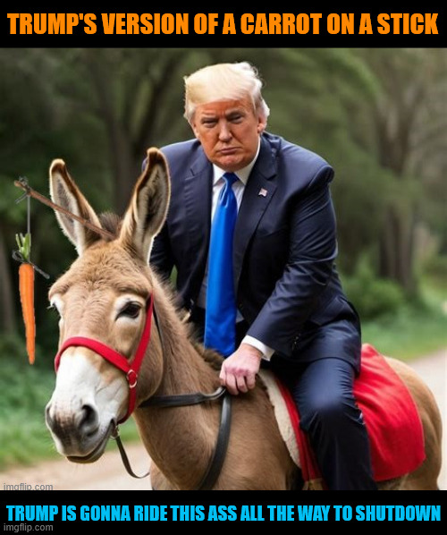 Trump's carrot on a stick | TRUMP'S VERSION OF A CARROT ON A STICK; TRUMP IS GONNA RIDE THIS ASS ALL THE WAY TO SHUTDOWN | image tagged in trump's carrot on a stick,dems are finished,govenment shutdown,try begging and kissing ass,maga monarchy,the end is near | made w/ Imgflip meme maker