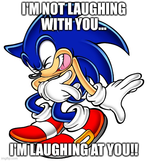 Sonic the Hedgehog Laughing | I'M NOT LAUGHING WITH YOU... I'M LAUGHING AT YOU!! | image tagged in sonic the hedgehog laughing | made w/ Imgflip meme maker