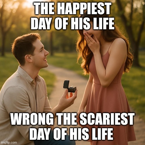 true proposal | THE HAPPIEST DAY OF HIS LIFE; WRONG THE SCARIEST DAY OF HIS LIFE | image tagged in i love you,romance | made w/ Imgflip meme maker