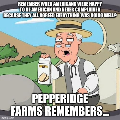 Pepperidge Farm Remembers | REMEMBER WHEN AMERICANS WERE HAPPY TO BE AMERICAN AND NEVER COMPLAINED BECAUSE THEY ALL AGREED EVERYTHING WAS GOING WELL? PEPPERIDGE FARMS REMEMBERS... | image tagged in memes,pepperidge farm remembers | made w/ Imgflip meme maker