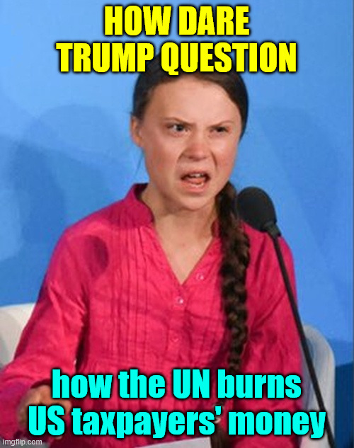 Greta Thunberg how dare you | HOW DARE TRUMP QUESTION how the UN burns US taxpayers' money | image tagged in greta thunberg how dare you | made w/ Imgflip meme maker
