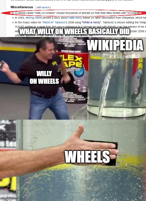 imgflip on wheels | WHAT WILLY ON WHEELS BASICALLY DID; WIKIPEDIA; WILLY ON WHEELS; WHEELS | image tagged in willy on wheels,flex tape,wikipedia | made w/ Imgflip meme maker
