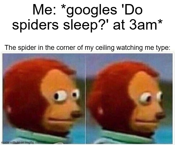 Spiders Sleep | Me: *googles 'Do spiders sleep?' at 3am*; The spider in the corner of my ceiling watching me type: | image tagged in memes,monkey puppet | made w/ Imgflip meme maker