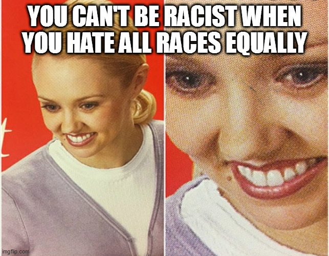 i mean it's justified isn't it | YOU CAN'T BE RACIST WHEN YOU HATE ALL RACES EQUALLY | image tagged in wait what | made w/ Imgflip meme maker