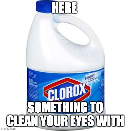 bleach | HERE SOMETHING TO CLEAN YOUR EYES WITH | image tagged in bleach | made w/ Imgflip meme maker