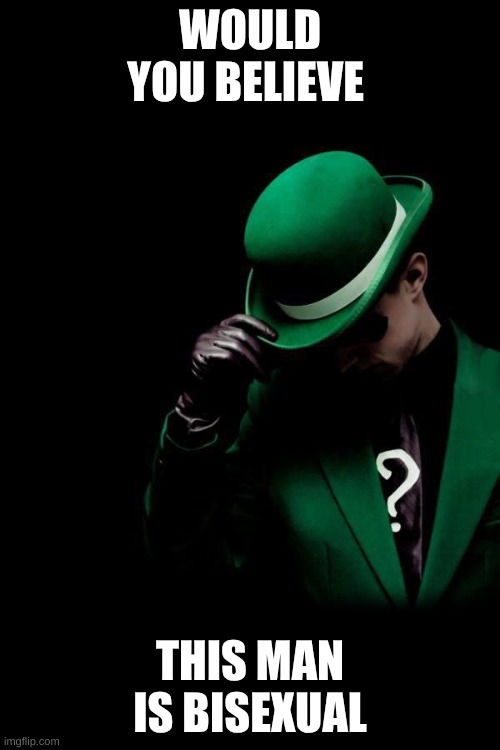 in the Harley Qiunn TV show its a major part of his story arc | WOULD YOU BELIEVE; THIS MAN IS BISEXUAL | image tagged in the riddler | made w/ Imgflip meme maker