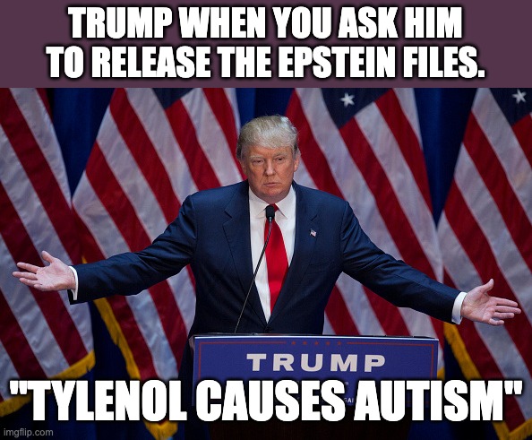 Donald Trump | TRUMP WHEN YOU ASK HIM TO RELEASE THE EPSTEIN FILES. "TYLENOL CAUSES AUTISM" | image tagged in donald trump | made w/ Imgflip meme maker