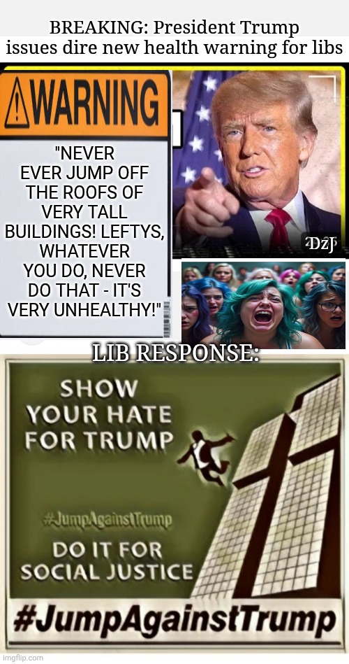 New MAGA Health Advisory | "NEVER EVER JUMP OFF THE ROOFS OF VERY TALL BUILDINGS! LEFTYS, WHATEVER YOU DO, NEVER DO THAT - IT'S VERY UNHEALTHY!"; BREAKING: President Trump issues dire new health warning for libs; DzJ; LIB RESPONSE: | image tagged in president trump,rules,dumbass,libtard,retarded liberal protesters,losers | made w/ Imgflip meme maker