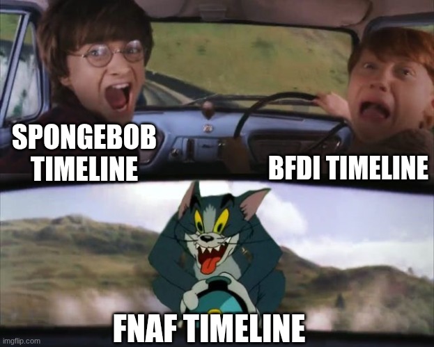 Tom chasing Harry and Ron Weasly | BFDI TIMELINE; SPONGEBOB TIMELINE; FNAF TIMELINE | image tagged in tom chasing harry and ron weasly | made w/ Imgflip meme maker