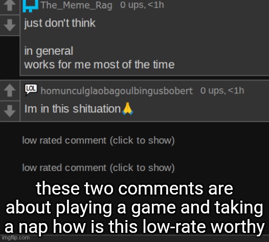 is there a glitch in the imgflip system | these two comments are about playing a game and taking a nap how is this low-rate worthy | made w/ Imgflip meme maker