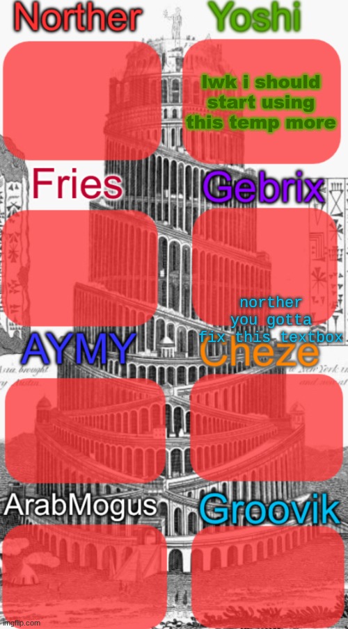 Tower of Babel shared temp | lwk i should start using this temp more; norther you gotta fix this textbox | image tagged in tower of babel shared temp | made w/ Imgflip meme maker