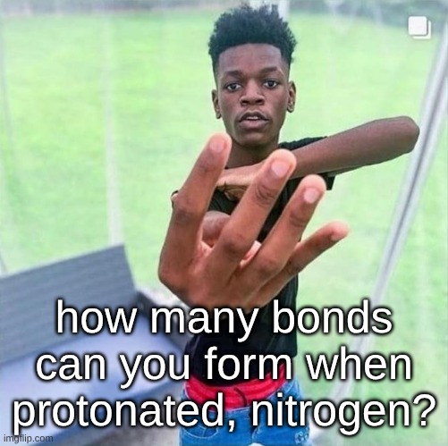 Guy holding up 4 | how many bonds can you form when protonated, nitrogen? | image tagged in guy holding up 4 | made w/ Imgflip meme maker