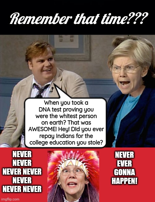 Remember that time you ripped off American Indians | Remember that time??? When you took a DNA test proving you were the whitest person on earth? That was AWESOME! Hey! DId you ever repay Indians for the college education you stole? NEVER EVER GONNA HAPPEN! NEVER NEVER NEVER NEVER NEVER NEVER NEVER | image tagged in remember that time,memes,chris farley | made w/ Imgflip meme maker