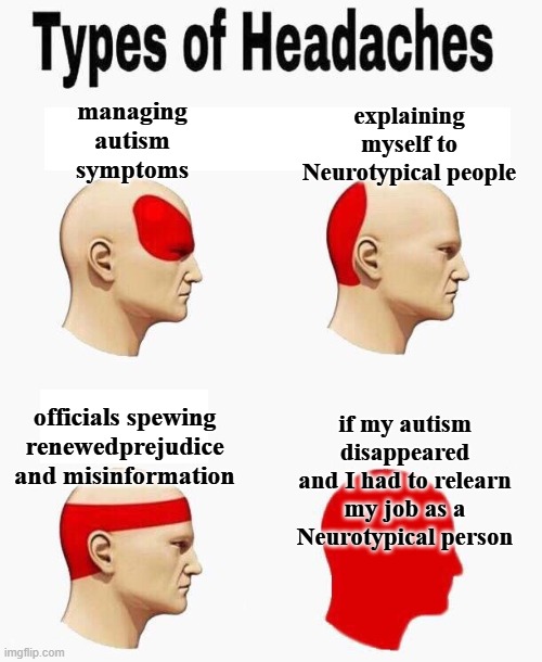 Taking a Tylenol, just to be safe ;) | explaining
myself to
Neurotypical people; managing
autism
symptoms; officials spewing
renewedprejudice
and misinformation; if my autism disappeared and I had to relearn my job as a Neurotypical person | image tagged in headaches,autism,misinformation | made w/ Imgflip meme maker