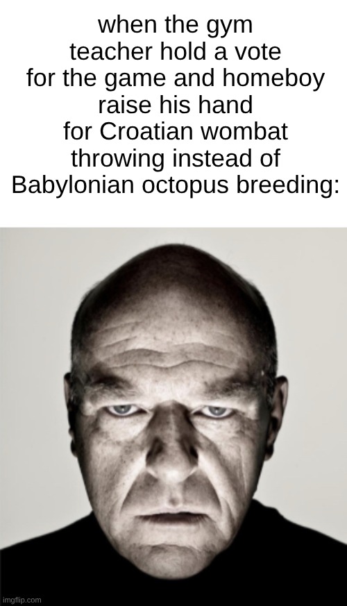 s | when the gym teacher hold a vote for the game and homeboy raise his hand for Croatian wombat throwing instead of Babylonian octopus breeding: | image tagged in dean norris mad | made w/ Imgflip meme maker