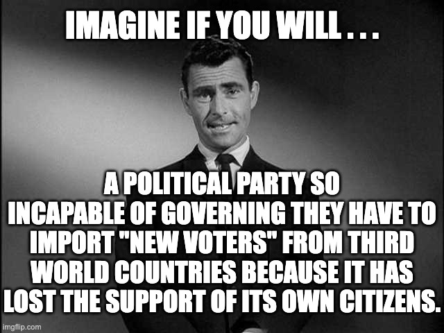 And they'll shut down the government to provide these "new voters" healthcare and other goodies. | IMAGINE IF YOU WILL . . . A POLITICAL PARTY SO INCAPABLE OF GOVERNING THEY HAVE TO IMPORT "NEW VOTERS" FROM THIRD WORLD COUNTRIES BECAUSE IT HAS LOST THE SUPPORT OF ITS OWN CITIZENS. | image tagged in rod serling twilight zone,scumbag democrats | made w/ Imgflip meme maker