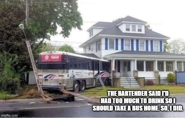 The bartender told me I'd had too much and I should take the bus home. I did. | THE BARTENDER SAID I'D HAD TOO MUCH TO DRINK SO I SHOULD TAKE A BUS HOME. SO, I DID. | image tagged in funny,play on words,drinking,driving,humor | made w/ Imgflip meme maker