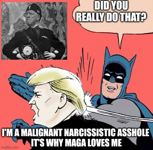 Batman slaps Trump | DID YOU REALLY DO THAT? I'M A MALIGNANT NARCISSISTIC ASSHOLE 
IT'S WHY MAGA LOVES ME | image tagged in batman slaps trump | made w/ Imgflip meme maker