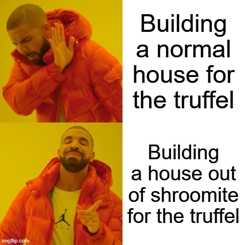 Drake Hotline Bling Meme | Building a normal house for the truffel Building a house out of shroomite for the truffel | image tagged in memes,drake hotline bling | made w/ Imgflip meme maker