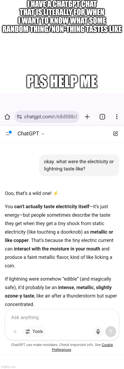 I need to focus on my work instead of this | I HAVE A CHATGPT CHAT THAT IS LITERALLY FOR WHEN I WANT TO KNOW WHAT SOME RANDOM THING/NON-THING TASTES LIKE; PLS HELP ME | image tagged in stupid,why am i like this | made w/ Imgflip meme maker