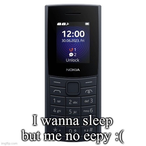 nokia 110 4g | I wanna sleep but me no eepy :( | image tagged in nokia 110 4g | made w/ Imgflip meme maker
