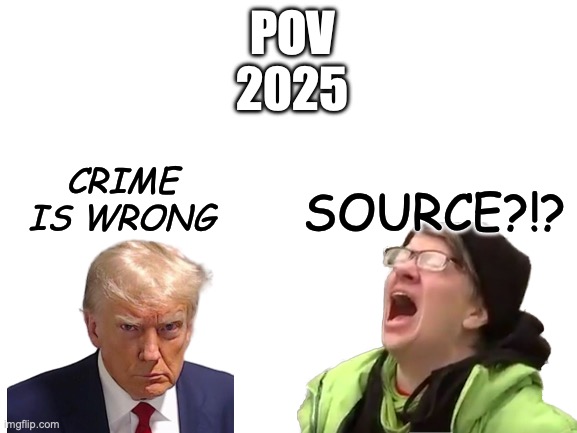 Pov 2025 | POV
2025; CRIME IS WRONG; SOURCE?!? | image tagged in donald trump,trump,politics | made w/ Imgflip meme maker