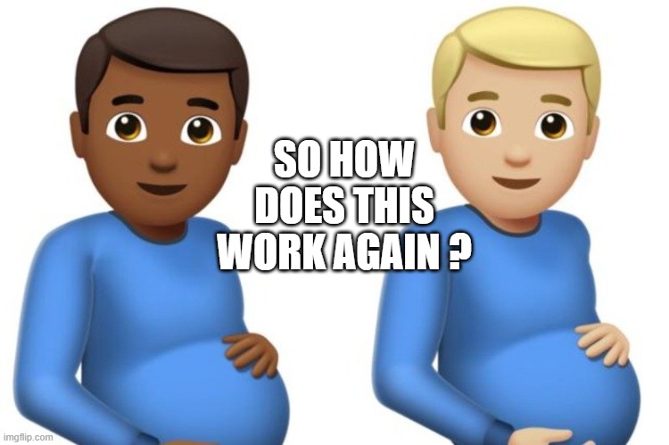 pregnant men | SO HOW DOES THIS WORK AGAIN ? | image tagged in pregnant men | made w/ Imgflip meme maker