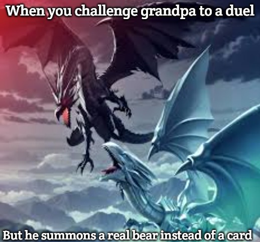 Slavic Yu-Gi-Oh | When you challenge grandpa to a duel; But he summons a real bear instead of a card | image tagged in slavic yu-gi-oh,slavic | made w/ Imgflip meme maker