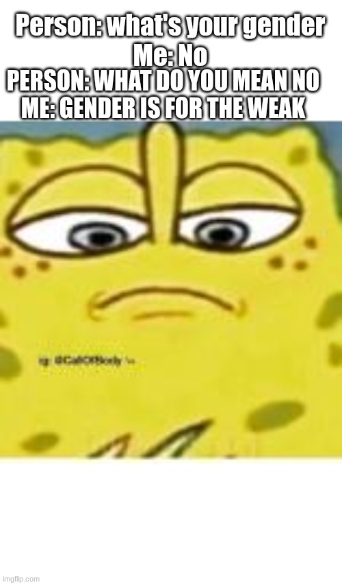 No | Person: what's your gender

Me: No; PERSON: WHAT DO YOU MEAN NO

ME: GENDER IS FOR THE WEAK | image tagged in spongebob looking down on you,no offense to anybody,this is ajoke,and if anybody is offended i'm sorry | made w/ Imgflip meme maker