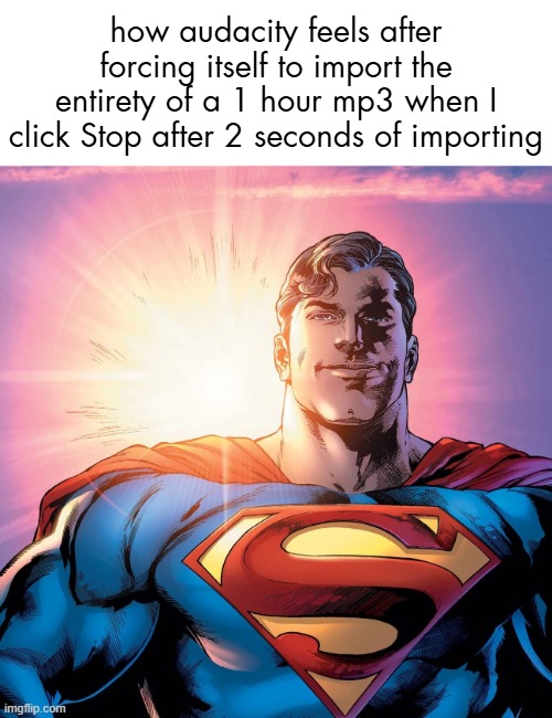 Superman Smiling | how audacity feels after forcing itself to import the entirety of a 1 hour mp3 when I click Stop after 2 seconds of importing | image tagged in superman smiling | made w/ Imgflip meme maker
