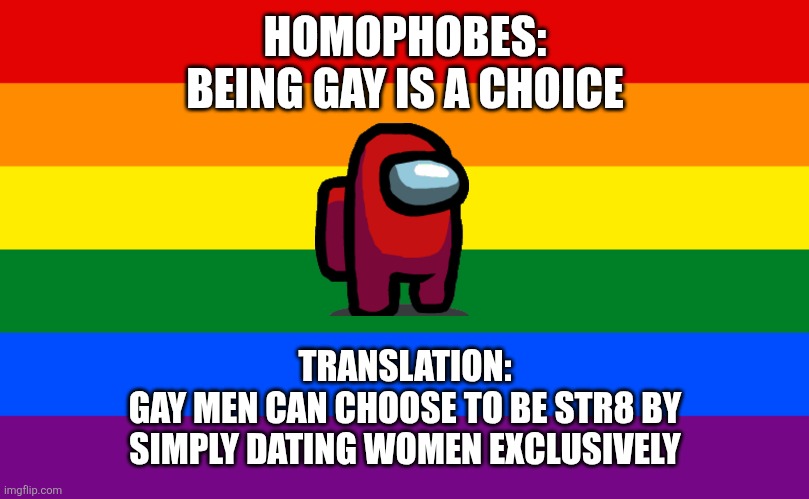 Homophobes see sexual orientation as multiple choice... | HOMOPHOBES:
BEING GAY IS A CHOICE; TRANSLATION:
GAY MEN CAN CHOOSE TO BE STR8 BY
SIMPLY DATING WOMEN EXCLUSIVELY | image tagged in maga,lgbtq,homophobic,gay,troll | made w/ Imgflip meme maker