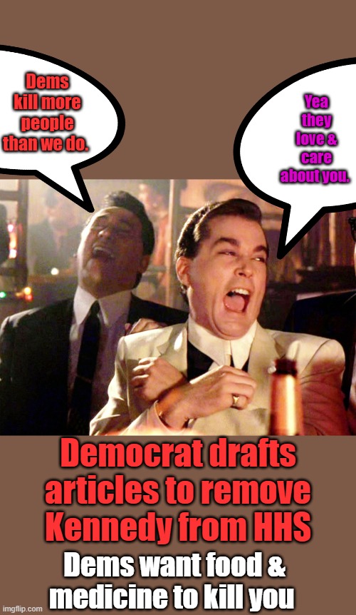 Good Fellas Hilarious | Dems kill more people than we do. Yea they love & care about you. Democrat drafts articles to remove Kennedy from HHS; Dems want food & medicine to kill you | image tagged in memes,good fellas hilarious | made w/ Imgflip meme maker