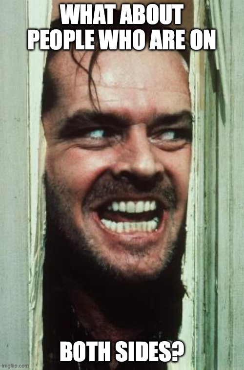 Here's Johnny Meme | WHAT ABOUT PEOPLE WHO ARE ON; BOTH SIDES? | image tagged in memes,here's johnny | made w/ Imgflip meme maker