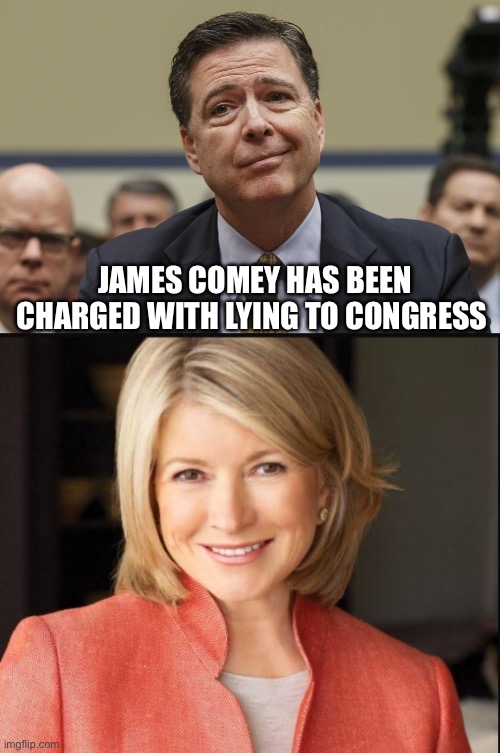 JAMES COMEY HAS BEEN CHARGED WITH LYING TO CONGRESS | image tagged in james comey,martha stewart,politics,political meme,fbi | made w/ Imgflip meme maker