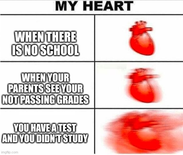 Heartbeat | WHEN THERE IS NO SCHOOL; WHEN YOUR PARENTS SEE YOU'RE NOT PASSING GRADES; YOU HAVE A TEST AND YOU DIDN'T STUDY | image tagged in heartbeat | made w/ Imgflip meme maker