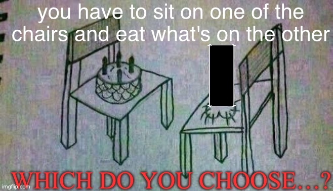 Test. | you have to sit on one of the chairs and eat what's on the other; WHICH DO YOU CHOOSE…? | image tagged in memes,shitpost,the chair question,dih,cake | made w/ Imgflip meme maker