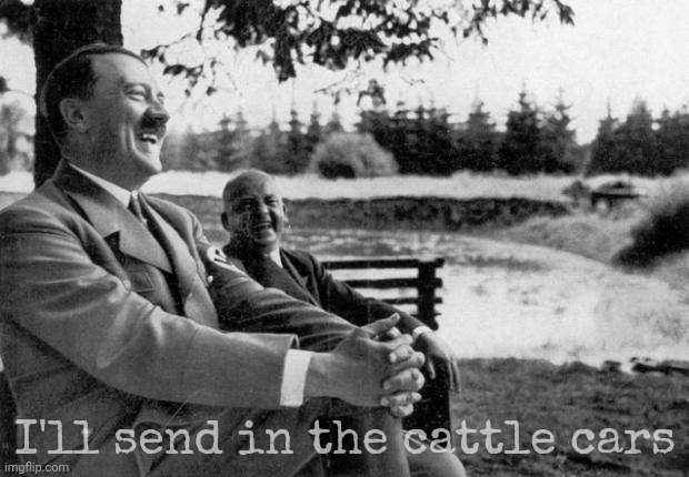 Adolf Hitler laughing | I'll send in the cattle cars | image tagged in adolf hitler laughing | made w/ Imgflip meme maker