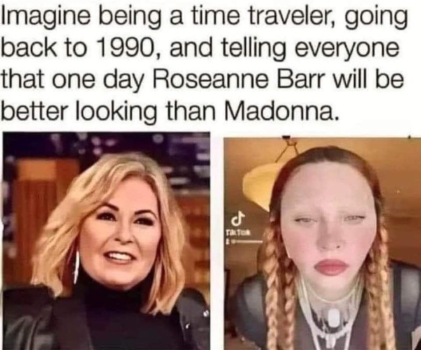 Time Travel | image tagged in time travel,madonna,roseanne barr,imagine,1990s,relatable | made w/ Imgflip meme maker