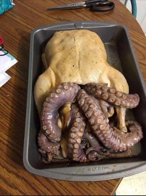 Octopus Stuffed Chicken | image tagged in gross,creepy,octopus,chicken,nasty food,cursed images | made w/ Imgflip meme maker