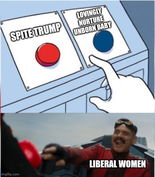 Trump Derangement Syndrome is lethal now | LOVINGLY NURTURE UNBORN BABY; SPITE TRUMP; LIBERAL WOMEN | image tagged in robotnik pressing red button,liberal logic,liberals,stupid liberals,donald trump | made w/ Imgflip meme maker