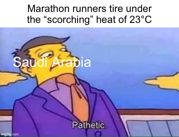 skinner pathetic | Marathon runners tire under the “scorching” heat of 23°C; Saudi Arabia | image tagged in skinner pathetic,saudi arabia,hot | made w/ Imgflip meme maker